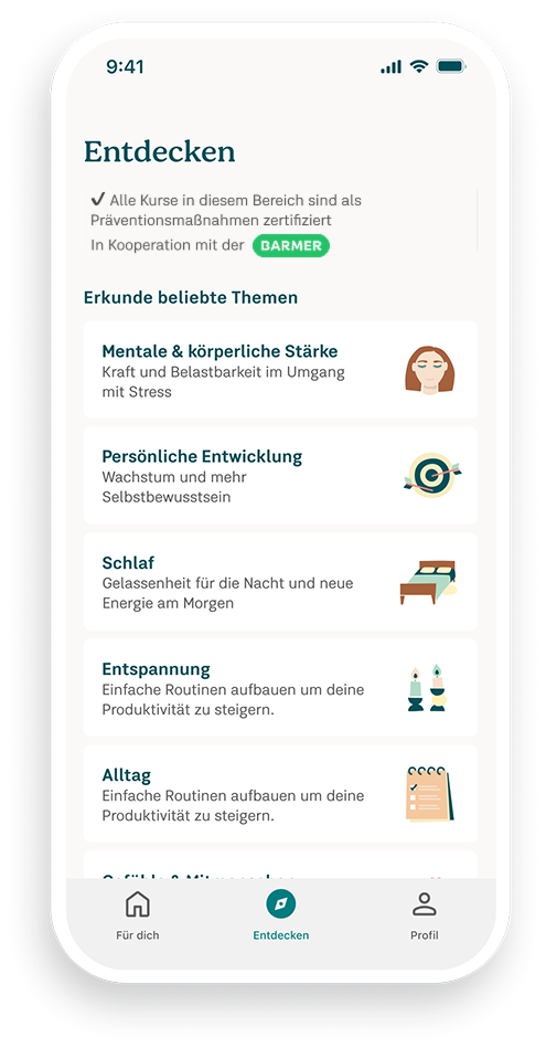Screenshot der 7Mind Study App. Man sieht die Seite Entdecken.