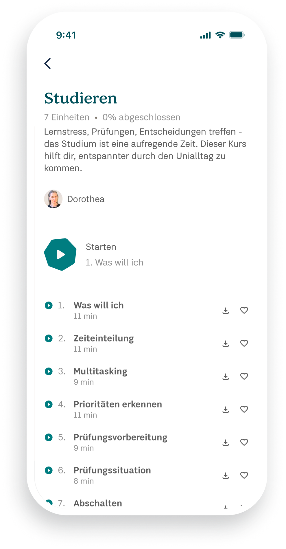Screenshot der 7Mind Study App. Zu sehen sind verschiedene Meditationsübungen.